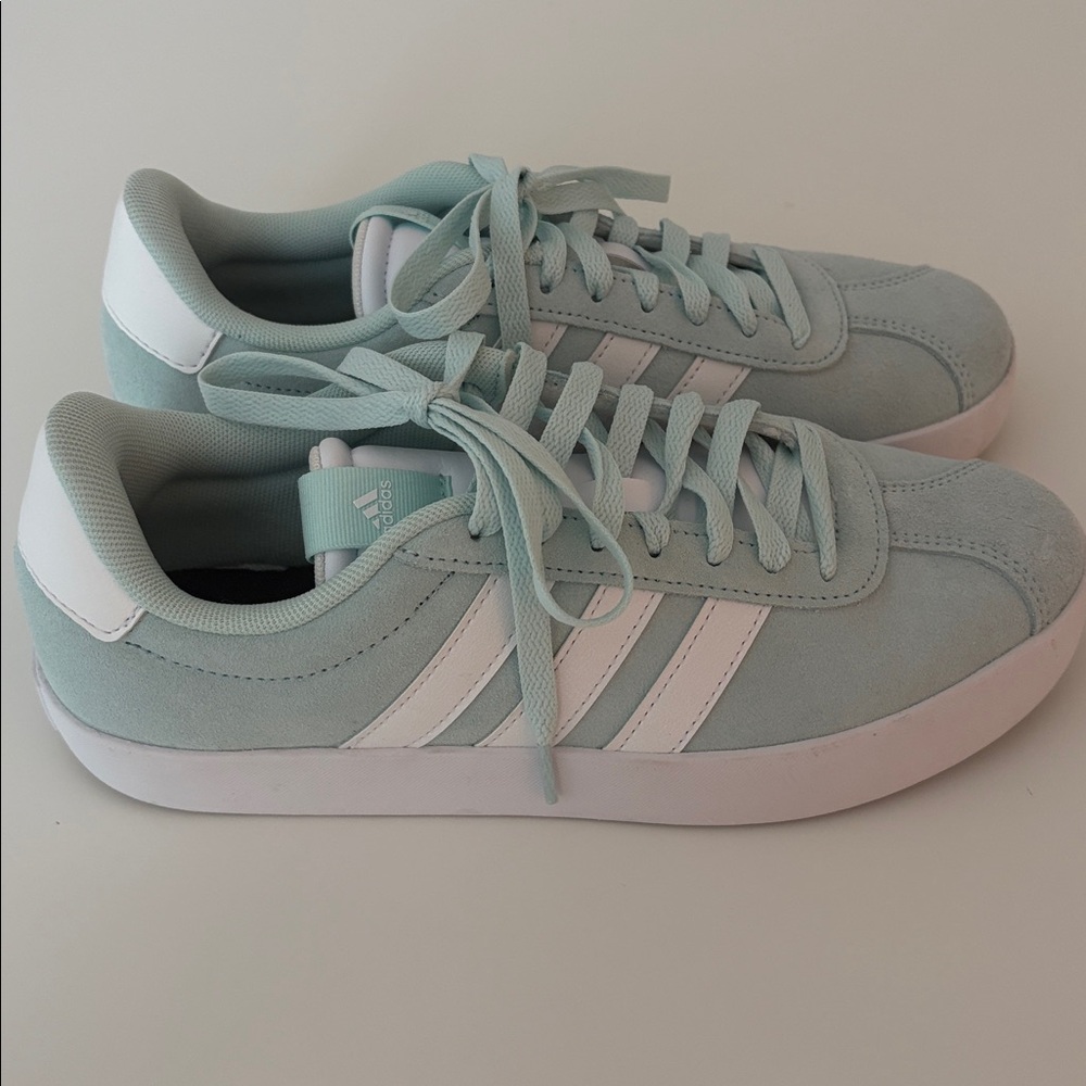 Worn once!! adidas Women's Light Mint Suede Sneakers with White Stripes